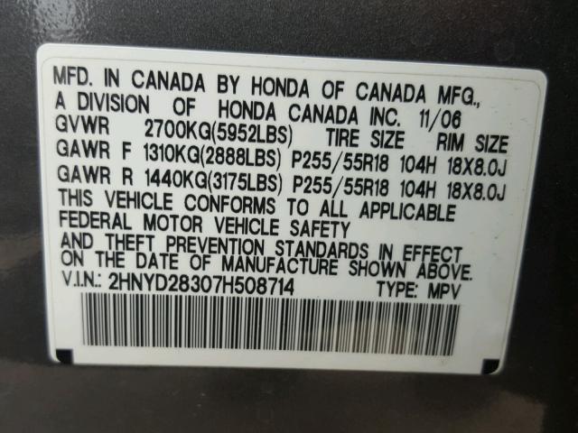 2HNYD28307H508714 - 2007 ACURA MDX TECHNO GRAY photo 10