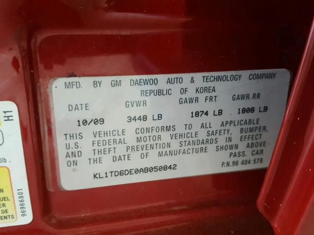 KL1TD6DE0AB050842 - 2010 CHEVROLET AVEO LS RED photo 10