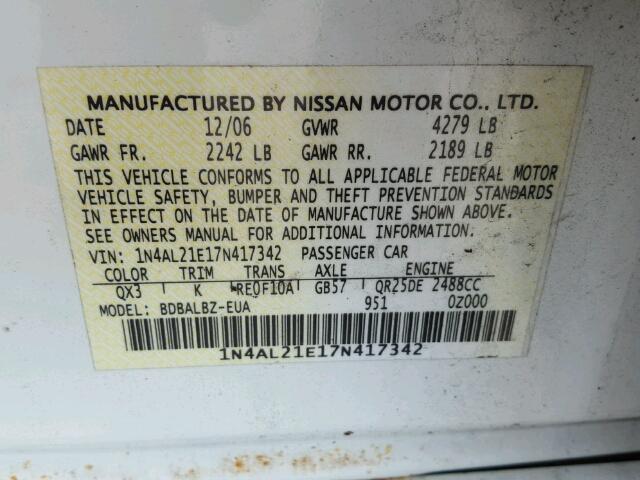 1N4AL21E17N417342 - 2007 NISSAN ALTIMA 2.5 WHITE photo 10