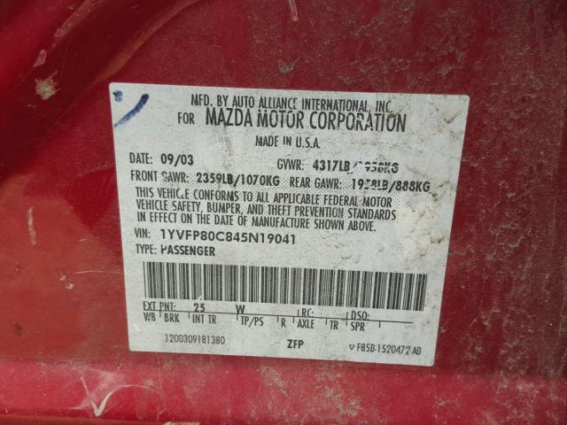 1YVFP80C845N19041 - 2004 MAZDA 6 I Rojo foto 10
