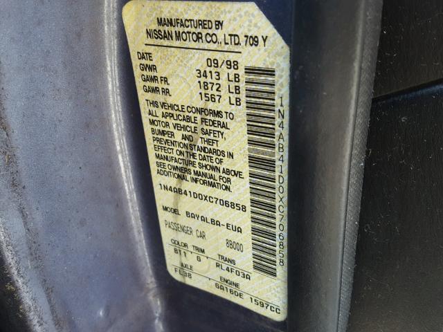 1N4AB41D0XC706858 - 1999 NISSAN SENTRA BAS BLUE photo 10