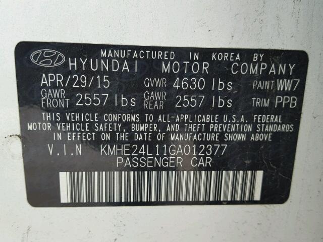 KMHE24L11GA012377 - 2016 HYUNDAI SONATA HYB WHITE photo 10