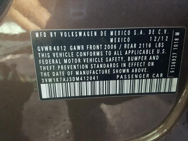 3VW1K7AJ3DM412041 - 2013 VOLKSWAGEN JETTA BASE 烧焦的 照片 10