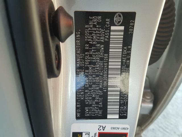 4T1BK3DB9CU461268 - 2012 TOYOTA AVALON BAS SILVER photo 10