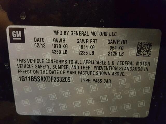 1G11B5SAXDF253209 - 2013 CHEVROLET MALIBU LS შავი ფოტო 10