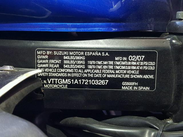 VTTGM51A172103267 - 2007 SUZUKI GS500 BLUE photo 10