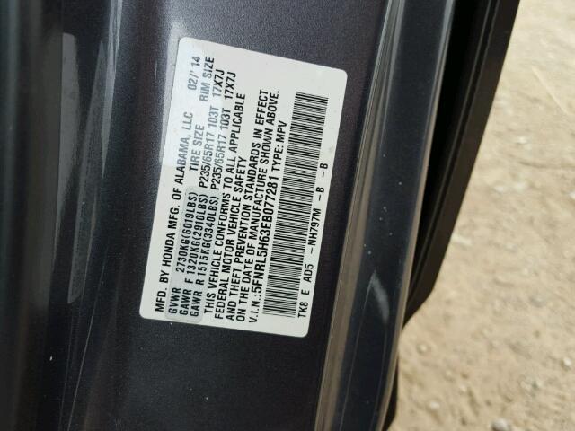 5FNRL5H63EB077281 - 2014 HONDA ODYSSEY EX GRAY photo 10