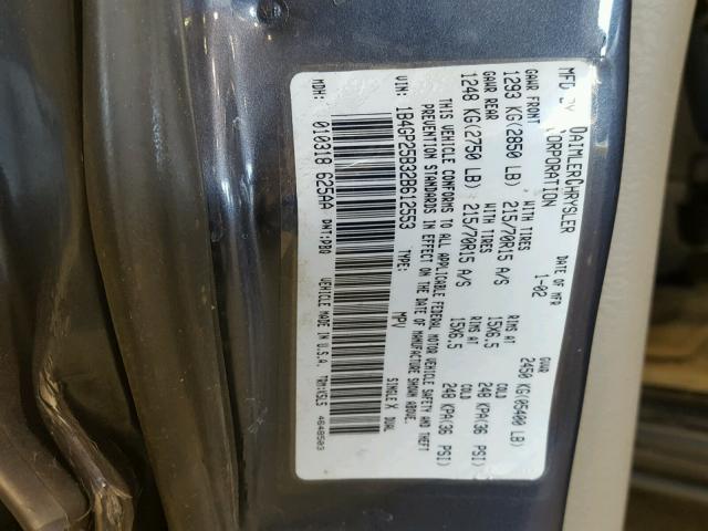 1B4GP25B32B612553 - 2002 DODGE CARAVAN SE GRAY photo 10