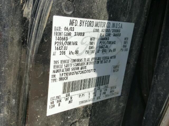 1FTRW07673KD70712 - 2003 FORD F150 SUPER BLACK photo 10