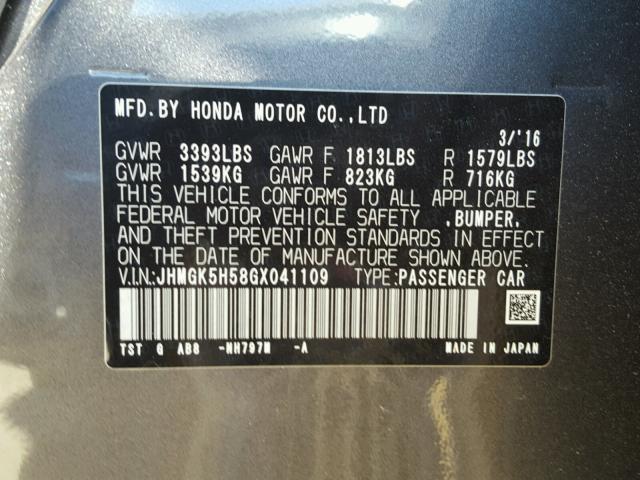 JHMGK5H58GX041109 - 2016 HONDA FIT LX Gris photo 10