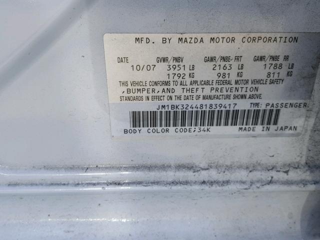 JM1BK324481839417 - 2008 MAZDA 3 S WHITE photo 10