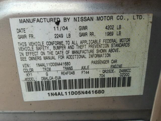 1N4AL11D05N441680 - 2005 NISSAN ALTIMA S SILVER photo 10