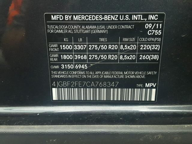 4JGBF2FE7CA768347 - 2012 MERCEDES-BENZ GL 350 BLU GRAY photo 10