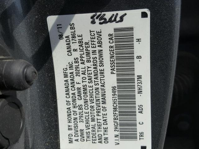 2HGFB2F98CH519496 - 2012 HONDA CIVIC EXL ნაცრისფერი ფოტო 10