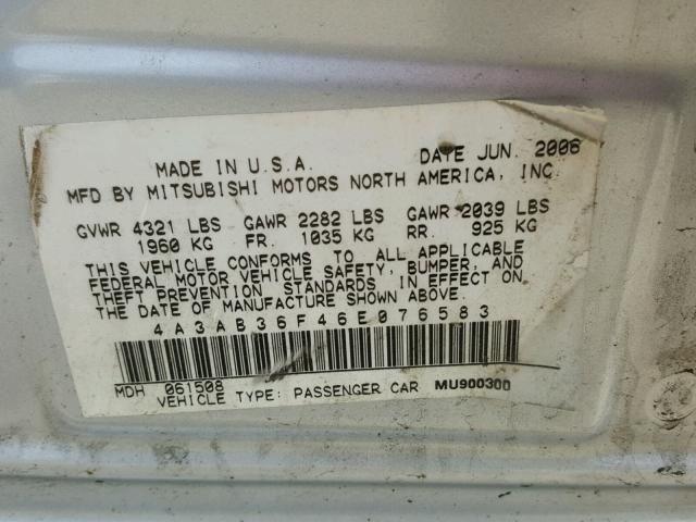 4A3AB36F46E076583 - 2006 MITSUBISHI GALANT ES GRAY photo 10