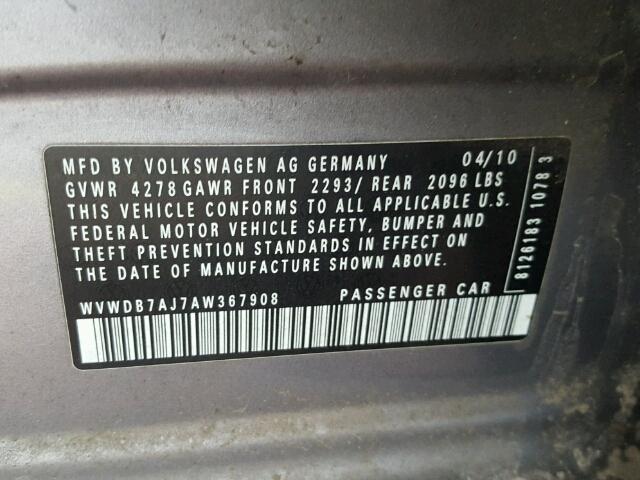 WVWDB7AJ7AW367908 - 2010 VOLKSWAGEN GOLF GRAY photo 10