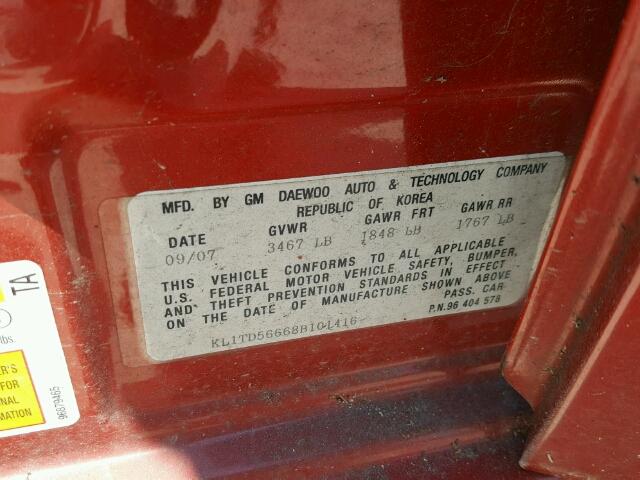 KL1TD56668B101416 - 2008 CHEVROLET AVEO BASE Bordeaux photo 10