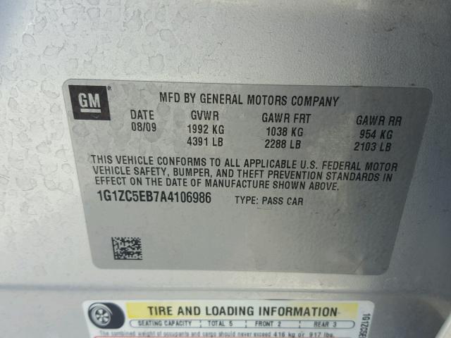 1G1ZC5EB7A4106986 - 2010 CHEVROLET MALIBU 1LT 银色 照片 10