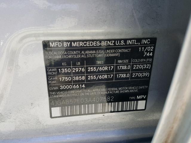 4JGAB57E03A407582 - 2003 MERCEDES-BENZ ML 350 SILVER photo 10