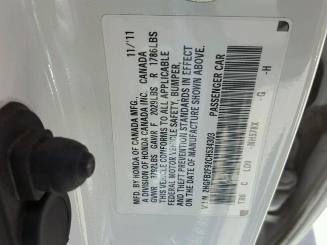 2HGFB2F92CH534303 - 2012 HONDA CIVIC EXL თეთრი ფოტო 10