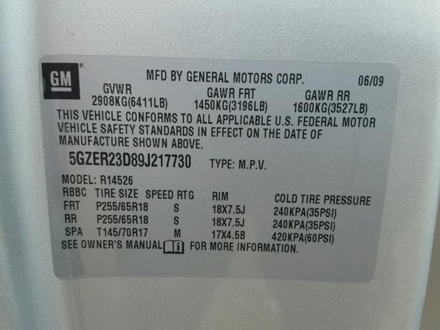 5GZER23D89J217730 - 2009 SATURN OUTLOOK XR ვერცხლისფერი ფოტო 10