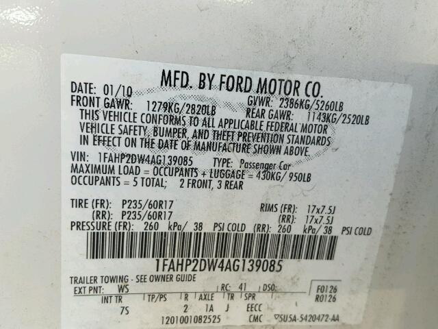 1FAHP2DW4AG139085 - 2010 FORD TAURUS WHITE photo 10