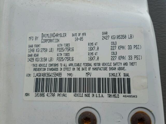 1J4GK48K96W159489 - 2006 JEEP LIBERTY SP WHITE photo 10