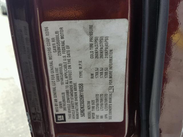 5GRGN23U26H116058 - 2006 HUMMER H2 MAROON photo 10