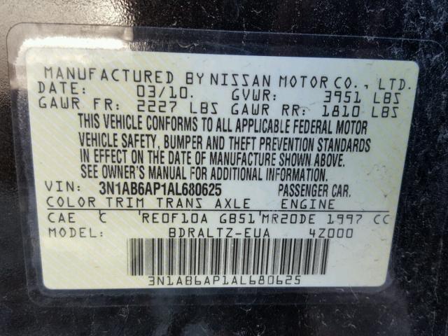 3N1AB6AP1AL680625 - 2010 NISSAN SENTRA 2.0 BLACK photo 10