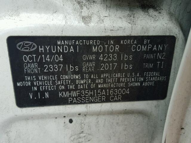 KMHWF35H15A163004 - 2005 HYUNDAI SONATA GLS WHITE photo 10