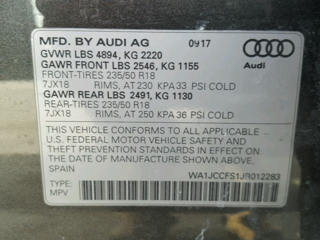 WA1JCCFS1JR012283 - 2018 AUDI Q3 PREMIUM GRAY photo 10