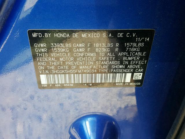 3HGGK5H55FM749034 - 2015 HONDA FIT LX BLUE photo 10