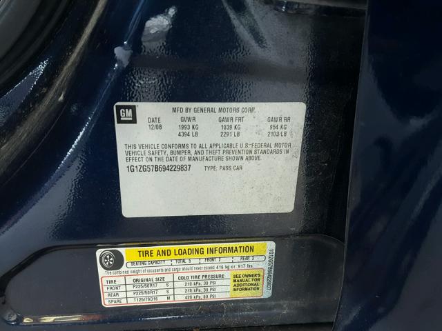 1G1ZG57B694229837 - 2009 CHEVROLET MALIBU LS 蓝色 照片 10