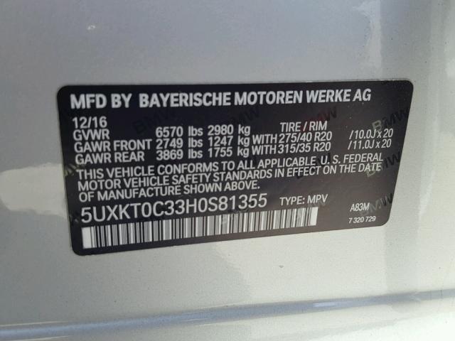 5UXKT0C33H0S81355 - 2017 BMW X5 XDR40E SILVER photo 10