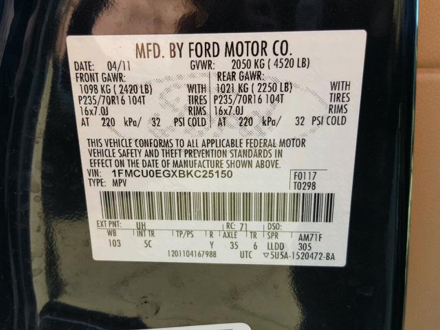 1FMCU0EGXBKC25150 - 2011 FORD ESCAPE LIM BLACK photo 10