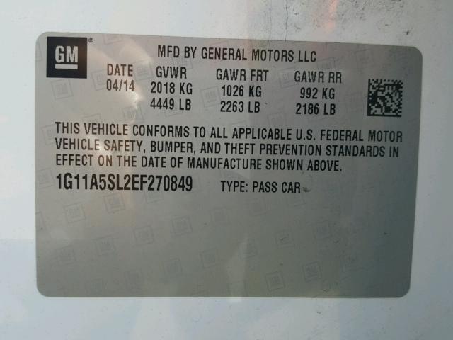 1G11A5SL2EF270849 - 2014 CHEVROLET MALIBU LS 白色 照片 10