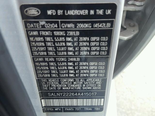 SALNY22264A415017 - 2004 LAND ROVER FREELANDER SILVER photo 10