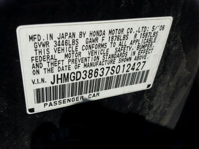 JHMGD38637S012427 - 2007 HONDA FIT S BLACK photo 10