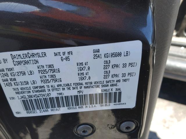 1J4GL38K45W724107 - 2005 JEEP LIBERTY RE BLACK photo 10