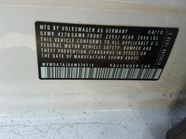 WVWDA7AJ6AW376716 - 2010 VOLKSWAGEN GOLF 白色 照片 10