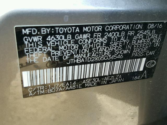 JTHBA1D2XG5034546 - 2016 LEXUS IS 200T GRAY photo 10