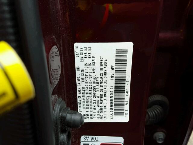 5J6RM4H39EL050123 - 2014 HONDA CR-V BURGUNDY photo 10