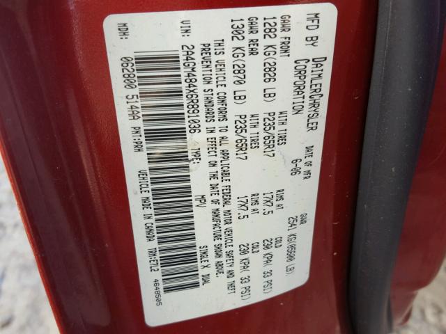 2A4GM484X6R891036 - 2006 CHRYSLER PACIFICA RED photo 10