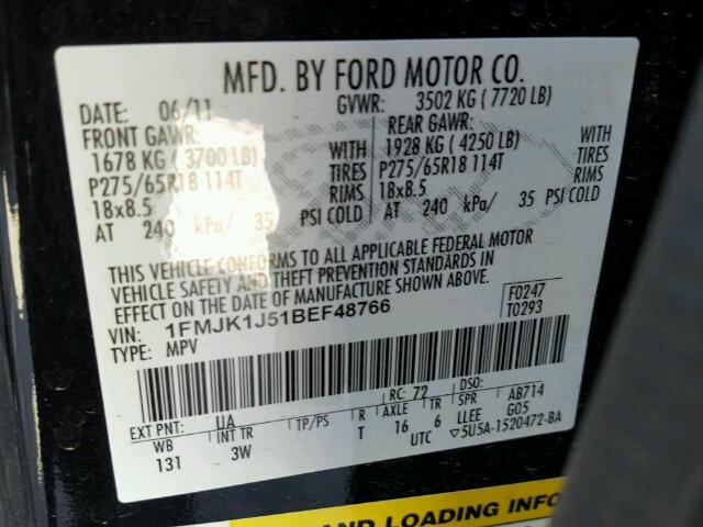 1FMJK1J51BEF48766 - 2011 FORD EXPEDITION BLACK photo 10