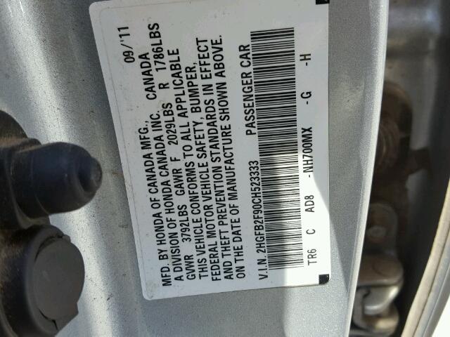 2HGFB2F90CH523333 - 2012 HONDA CIVIC EXL SILVER photo 10