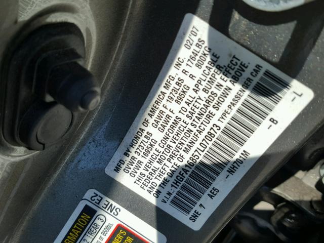 1HGFA16857L070873 - 2007 HONDA CIVIC EX GRAY photo 10