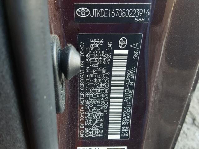 JTKDE167080223916 - 2008 SCION TC PURPLE photo 10