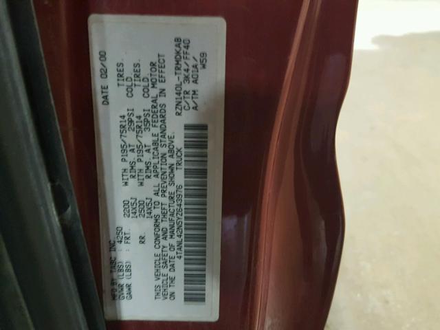 4TANL42N5YZ643976 - 2000 TOYOTA TACOMA RED photo 10