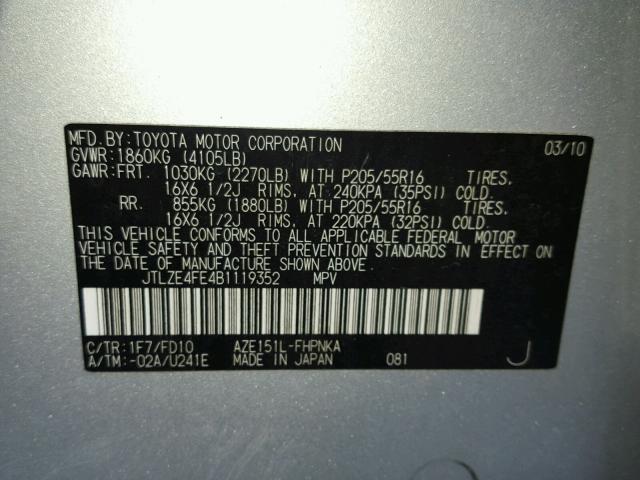 JTLZE4FE4B1119352 - 2011 TOYOTA SCION XB ვერცხლისფერი ფოტო 10