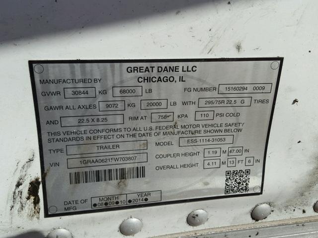 1GRAA0621FW703807 - 2015 GREAT DANE TRAILER REEFER WHITE photo 10